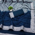 NEW ARRIVAL GEORGETTE TWO SHADED WITH  SILVER JACQUARD LACE BORDER WORK SAREE WITH UNSTITCHED BLOUSE GREY