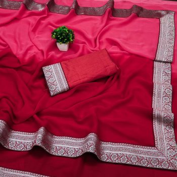 NEW ARRIVAL GEORGETTE TWO SHADED WITH  SILVER JACQUARD LACE BORDER WORK SAREE WITH UNSTITCHED BLOUSE PINK