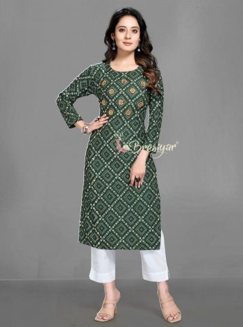 NEW ARRIVAL RAYON BANDHANI PRINTED KURTI  GREEN