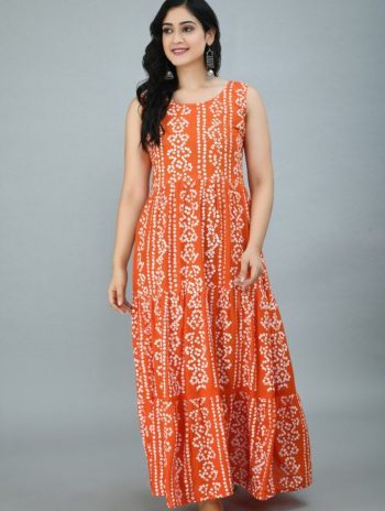 NEW ARRIVAL RAYON BANDHNI PRINT GOWN  ORANGE