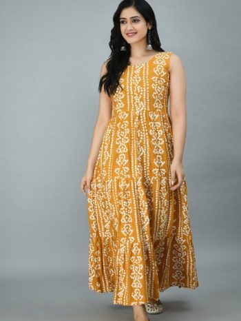 NEW ARRIVAL RAYON BANDHNI PRINT GOWN  YELLOW