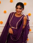 NEW ARRIVAL RAYON SLUB EMBROIDERY WORK TOP BOTTOM WITH DUPATTA  PURPLE