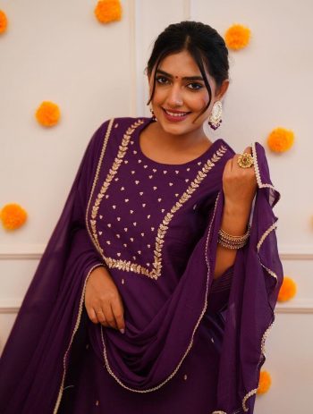 NEW ARRIVAL RAYON SLUB EMBROIDERY WORK TOP BOTTOM WITH DUPATTA  PURPLE