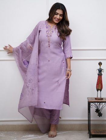 NEW ARRIVAL RAYON SLUB EMBROIDERY WORK TOP BOTTOM WITH DUPATTA  LAVENDER