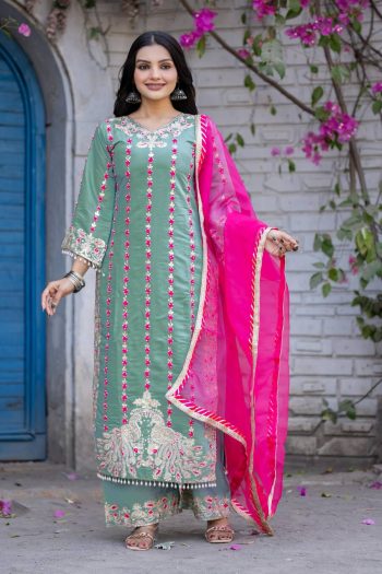 NEW ARRIVAL ROMAN SILK CHINE STITCH HAND WORK TOP PALAZZO WITH DUPATTA SKY