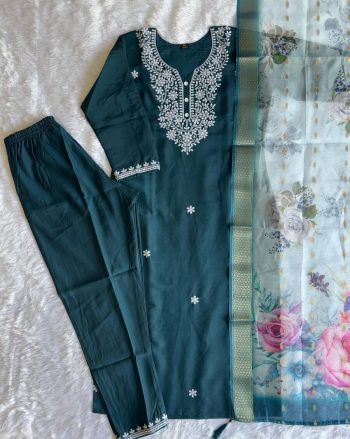 NEW ARRIVAL ROMAN SILK EMBROIDERY AND SEQUENCE WORK TOP BOTTOM WITH DUPATTA  TEAL