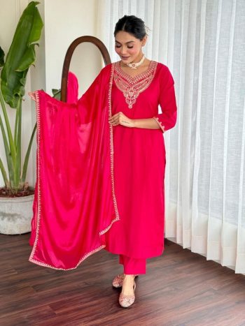 NEW ARRIVAL ROMAN SILK EMBROIDERY WORK TOP BOTTOM WITH DUPATTA RANI