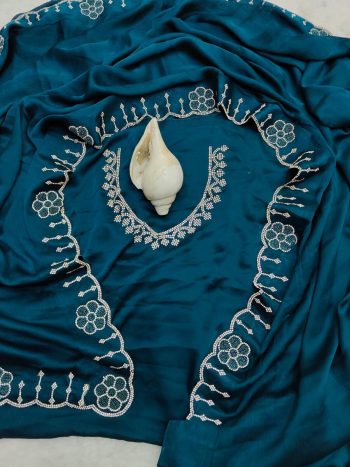 NEW ARRIVAL SATIN CHIFFON ZARKHAN AND MOTI FLOWERS BORDER WORK SAREE WITH UNSTITCHED BLOUSE BLUE