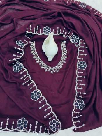 NEW ARRIVAL SATIN CHIFFON ZARKHAN AND MOTI FLOWERS BORDER WORK SAREE WITH UNSTITCHED BLOUSE  WINE