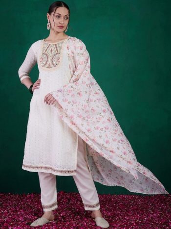 NEW ARRIVAL SCHIFFLI COTTON EMBROIDERY SEQUENCE WORK TOP BOTTOM WITH DUPATTA WHITE