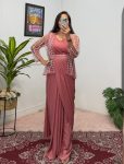 NEW ARRIVAL STAR GEORGETTE PLAIN READY TO WEAR SAREE WITH STITCHED BLOUSE AND MOTI HAND WORK KOTI  PEACH