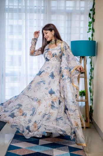 NEW ARRIVAL TABBY SILK DIGITAL PRINTED GOWN BOTTOM WITH DUPATTA WHITE