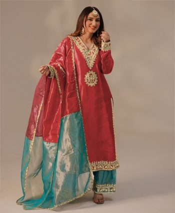 NEW ARRIVAL TWILL NET SILK EMBROIDERY SEQUENCE LACE WORK TOP PALAZZO WITH DUPATTA PEACH