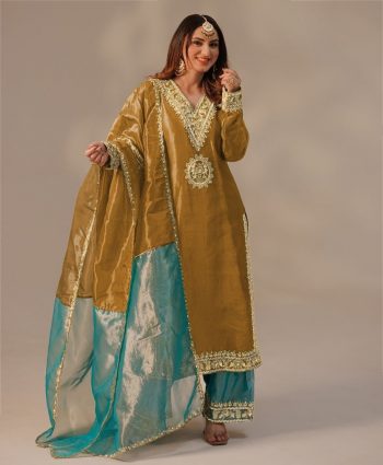 NEW ARRIVAL TWILL NET SILK EMBROIDERY SEQUENCE LACE WORK TOP PALAZZO WITH DUPATTA MUSTARD