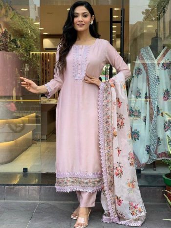 NEW ARRIVAL VISCOSE CHANDERI READY MADE LACE WORK  TOP BOTTOM WITH DUPATTA  BABY PINK
