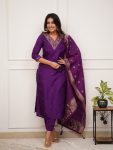 NEW ARRIVAL VISCOSE CHANDERI SEQUENCE CODING EMBROIDERY WORK TOP BOTTOM WITH DUPATTA PURPLE