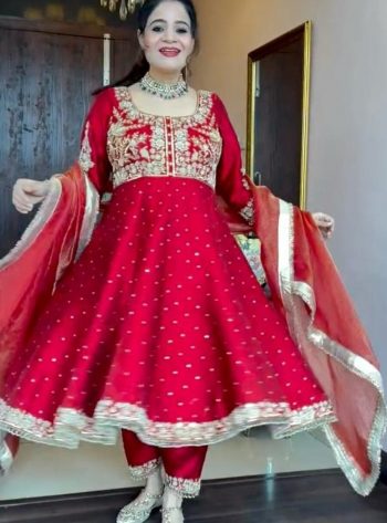 NEW ARROVAL CHINON SILK EMBROIDERY SEQUENCE WITH FANCY LACE BORDER WORK GOWN BOTTOM WITH DUPATTA  RED