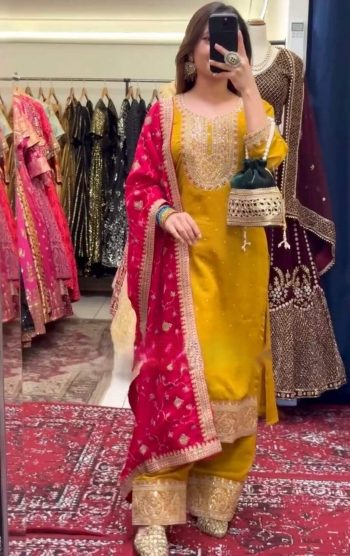 NEW ARRRIVAL CHINON SILK EMBROIDERY SEQUENCE WORK WITH RIVET-MOTI WORK TOP BOTTOM WITH DUPATTA YELLOW
