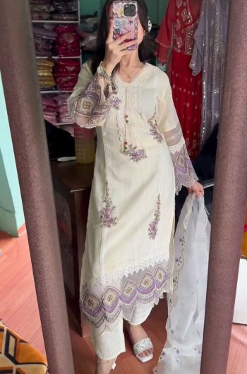 NEW TESLA EMBROIDERY WORK WITH ORGANZA BORDAR LACE WORK WITH TUSSLE ON YOKE TOP BOTTOM WITH DUPATTA  OFF WHITE
