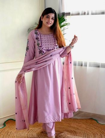 RICH LOOK CHANDERI SILK EMBROIDERY WORK TOP BOTTOM WITH DUPATTA  BABY PINK