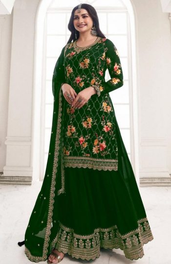 RICH LOOK CHINON SILK DIGITAL PRINT WITH EMBROIDERY SEQUENCE WORK TOP PALAZZO WITH DUPATTA  GREEN