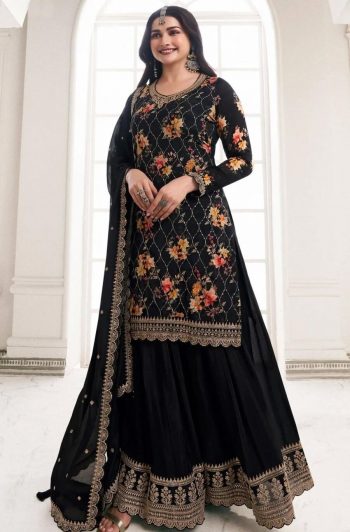 RICH LOOK CHINON SILK DIGITAL PRINT WITH EMBROIDERY SEQUENCE WORK TOP PALAZZO WITH DUPATTA  BLACK