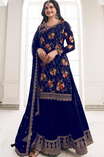 RICH LOOK CHINON SILK DIGITAL PRINT WITH EMBROIDERY SEQUENCE WORK TOP PALAZZO WITH DUPATTA  NAVY BLUE