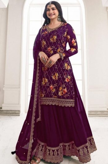 RICH LOOK CHINON SILK DIGITAL PRINT WITH EMBROIDERY SEQUENCE WORK TOP PALAZZO WITH DUPATTA  WINE