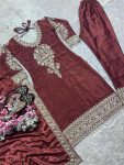 RICH LOOK CHINON SILK EMBROIDERY CODING SEQUENCE WORK TOP BOTTOM WITH DUPATTA FESTIVE WEAR WHOLESALE PRICE ETHNIC GARMENT (2)