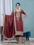 RICH LOOK CHINON SILK EMBROIDERY CODING SEQUENCE WORK  TOP BOTTOM WITH DUPATTA  BROWN