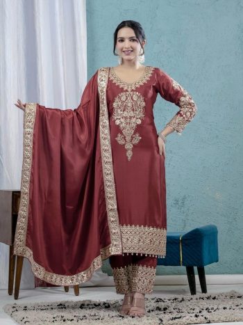 RICH LOOK CHINON SILK EMBROIDERY CODING SEQUENCE WORK  TOP BOTTOM WITH DUPATTA  BROWN