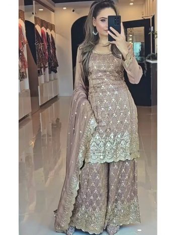 RICH LOOK CHINON SILK EMBROIDERY SEQUENCE REAL MIRROR HAND WORK TOP PALAZZO WITH DUPATTA  CHIKU