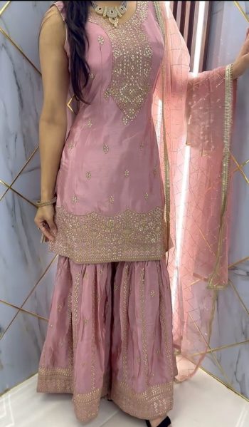 RICH LOOK CHINON SILK EMBROIDERY SEQUENCE WORK TOP SHARARA WITH DUPATTA BABY PINK