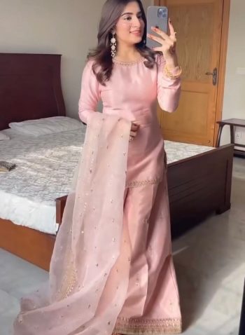 RICH LOOK DULL SATIN EMBROIDERY SEQUENCE WORK TOP PALAZZO WITH DUPATTA  BABY PINK