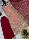 RICH LOOK FENDI SILK EMBROIDERY AND SEQUENCE WORK WITH RIVET MOTI WORK TOP PALAZZO WITH DUPATTA FESTIVE WEAR WHOLESALE PRICE ETHNIC GARMENT (4)