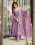 RICH LOOK FENDI SILK PLAIN GOWN PALAZZO WITH EMBROIDERY SEQUENCE WORK DUPATTA  LAVENDER