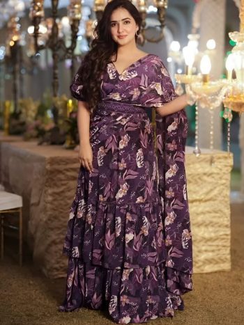 RICH LOOK GEORGETTE DIGITAL PRINTED 3 LAYERED LEHENGA SAREE WITH ATTACHED DUPATTA AND STITCHED BLOUSE  WINE