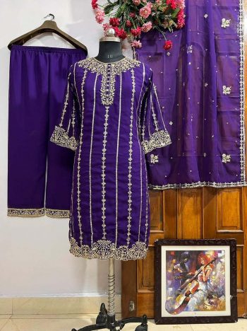RICH LOOK GEORGETTE EMBROIDERY SEQUENCE WORK TOP BOTTOM WITH DUPATTA PURPLE