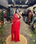 RICH LOOK GEORGETTE READY MADE LACE WORK SAREE WITH EMBROIDERY ZARI THREAD SEQUENCE WORK STITCHED BLOUSE AND WAIST BELT FESTIVE WEAR WHOLESALE PRICE ETHNIC GARMENT (9)