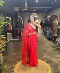 RICH LOOK GEORGETTE READY MADE LACE WORK SAREE WITH EMBROIDERY ZARI THREAD SEQUENCE WORK STITCHED BLOUSE AND WAIST BELT FESTIVE WEAR WHOLESALE PRICE ETHNIC GARMENT (9)