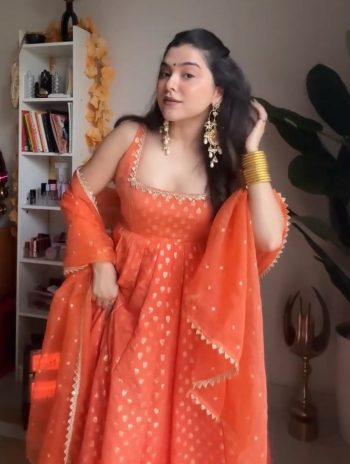 RICH LOOK JACQUARD SILK WEAVING WITH LACE BORDER GOWN BOTTOM WITH DUPATTA  ORANGE