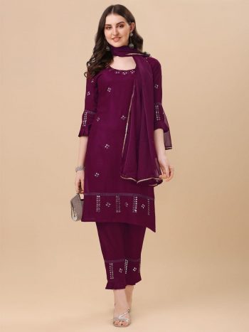 RICH LOOK RAYON PAPER MIRROR WORK TOP BOTTOM WITH DUPATTA  WINE