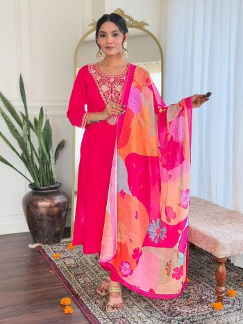 RICH LOOK VISCOSE CHANDERI SEQUENCE CODING EMBROIDERY WORK TOP BOTTOM WITH DUPATTA RANI