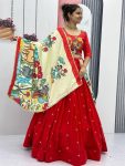 TRADITIONAL COTTON KALAMKARI PRINTED HANDWORK LEHENGA CHOLI WITH DUPATTA RED