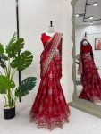 TRADITIONAL KOTA SILK JACQUARD EMBROIDERY SEQUENCE WORK SAREE WITH UNSTITCHED BLOUSE RED