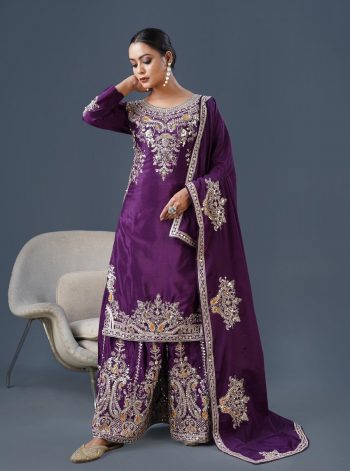 TRENDING CHINON SILK EMBROIDERY WORK TOP PALAZZO WITH DUPATTA WINE