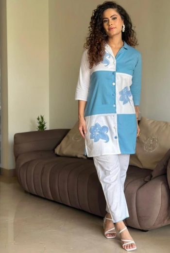 TRENDING COTTON PRINTED FANCY BUTTON WORK CO-ORD SET  SKY