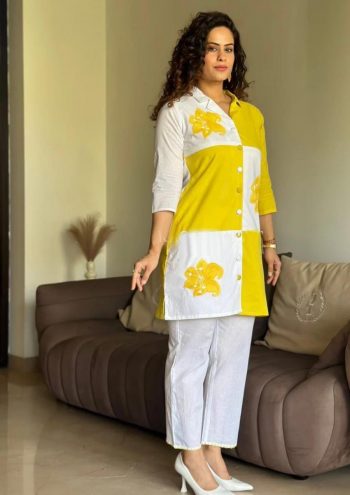 TRENDING COTTON PRINTED FANCY BUTTON WORK CO-ORD SET  YELLOW