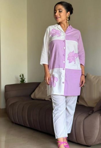 TRENDING COTTON PRINTED FANCY BUTTON WORK CO-ORD SET  LAVENDER
