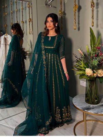 RENDING GEORGETTE EMBROIDERY SEQUENCE WORK GOWN BOTTOM WITH DUPATTA GREEN